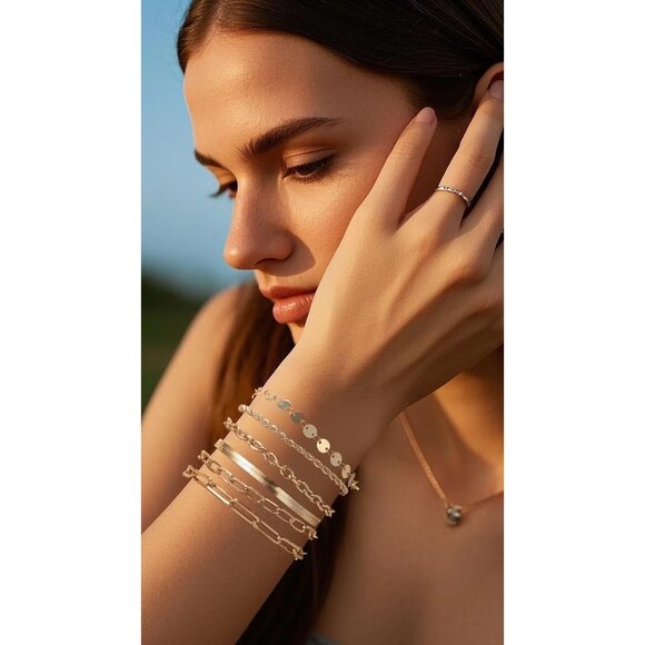 14K Gold Plated Bracelets for Women Dainty Stackable Chain Bracelet Set Gift - Picture 5 of 6